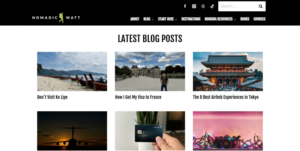 Travel blog Nomadic Matt website page