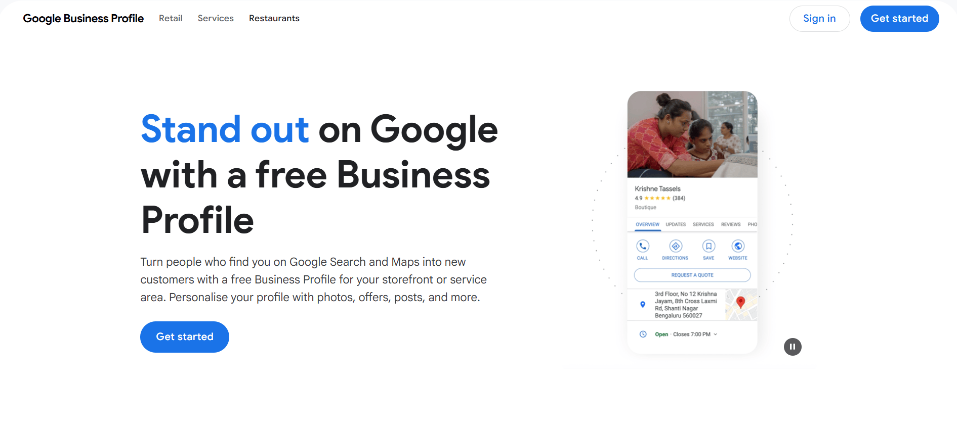 An image of the home page of Google Business Profile.