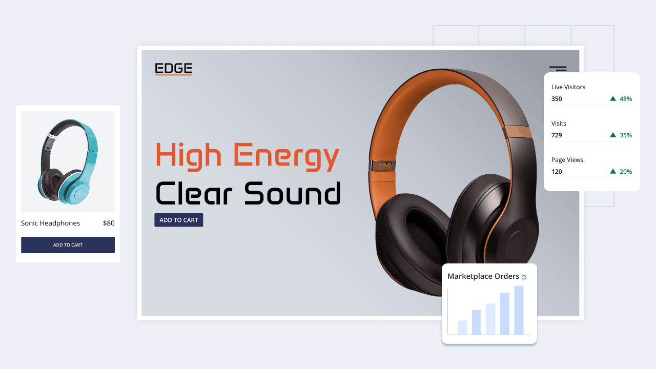 Example of a product page showing the benefits of having an online store, including live analytics, sales growth, and add-to-cart options