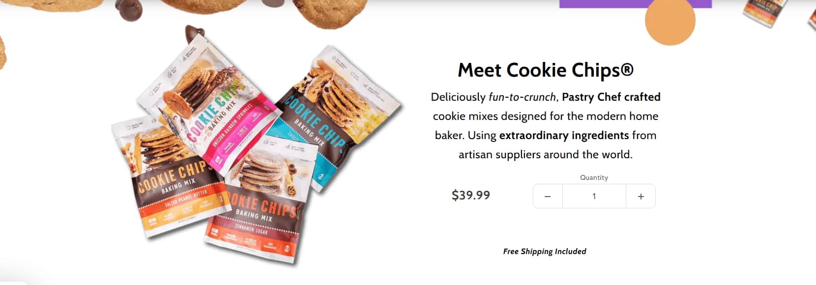 Cookie Chips baking mix packs in assorted flavors, crafted by pastry chefs for home bakers