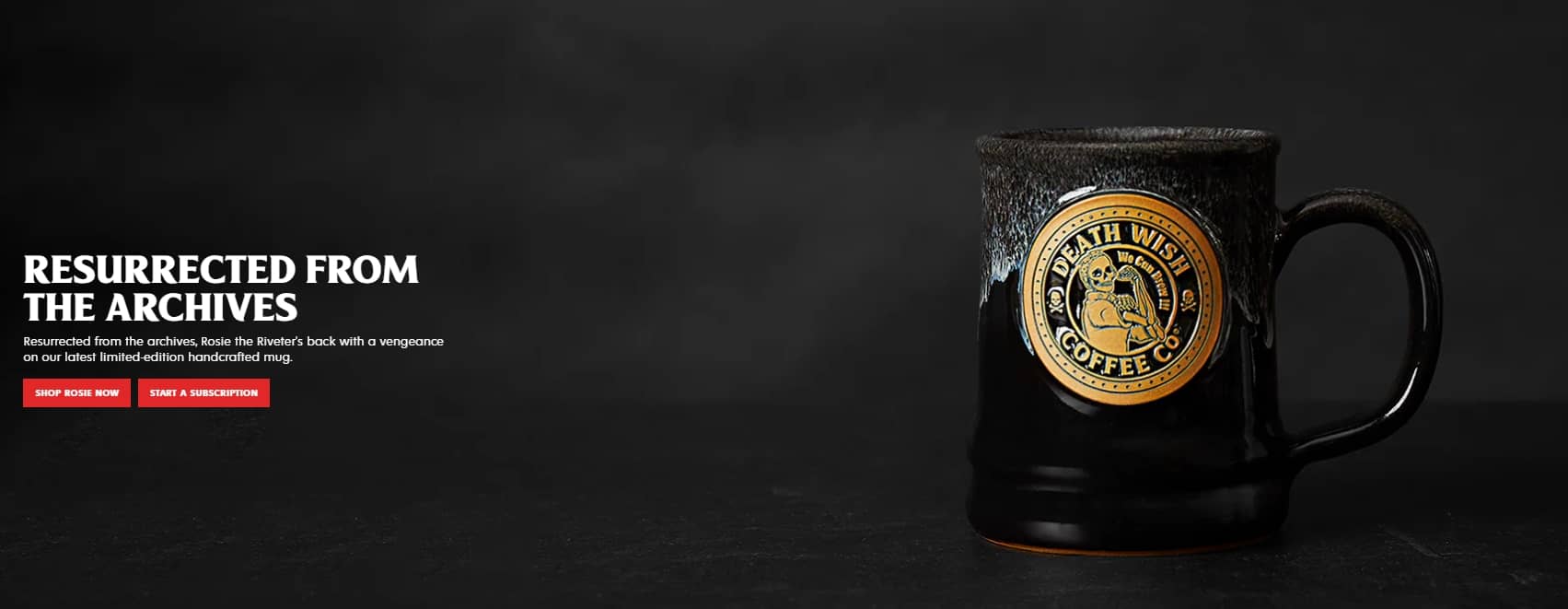 Limited-edition Death Wish Coffee mug featuring Rosie the Riveter design on a dark handcrafted cup
