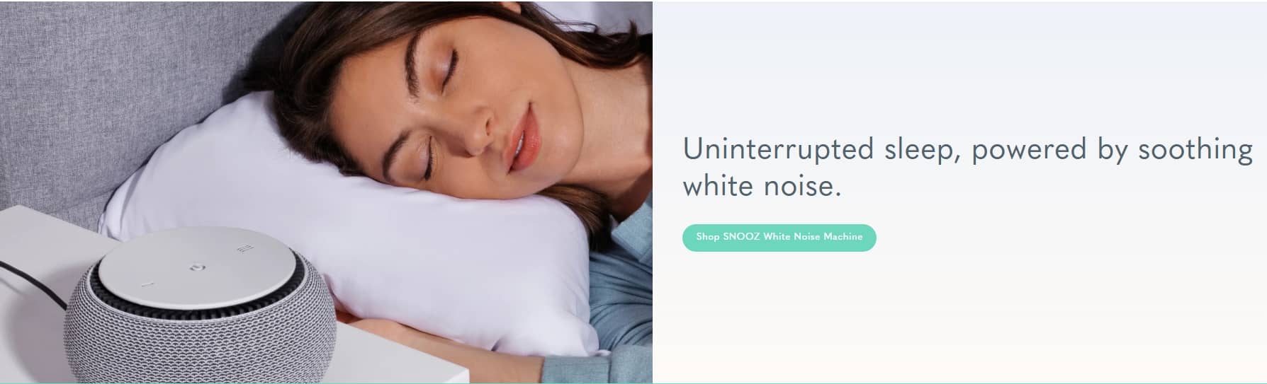 Woman sleeping peacefully with SNOOZ white noise machine by her bedside for better rest