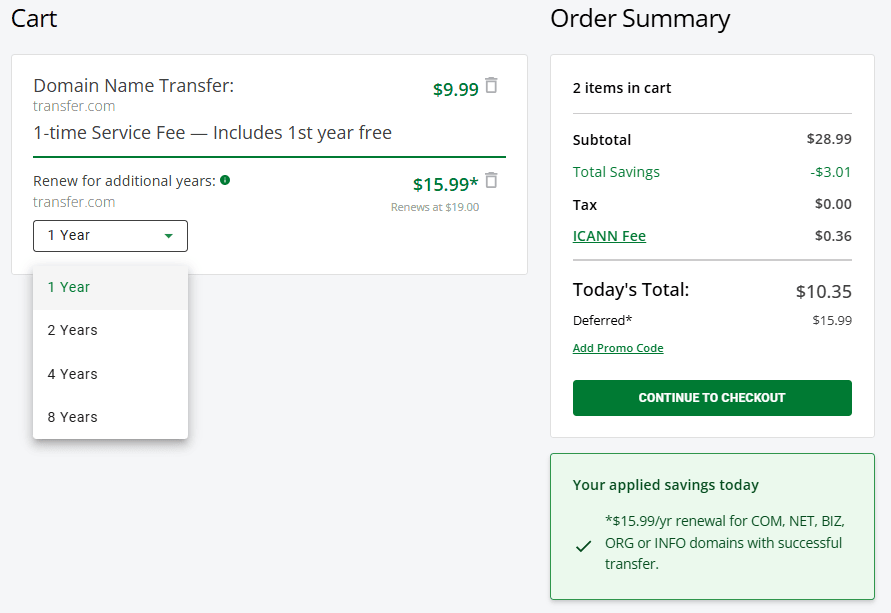 Domain transfer: $9.99 with 1st year free. Renewal $15.99/yr. Total today: $10.35 incl. ICANN fee. Options for 1–8 yrs. Checkout and promo code shown.