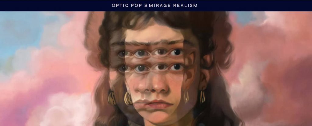 Surreal double-vision portrait painting featured on an optic pop artist’s website.