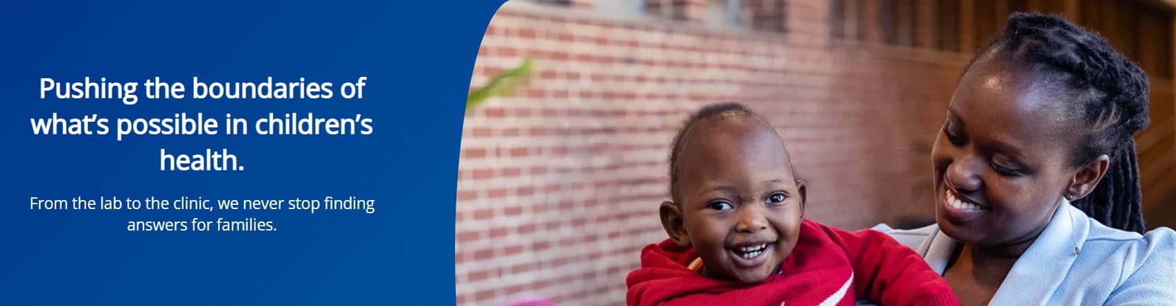 Boston Children’s Hospital advancing pediatric care, with a smiling child and parent receiving support