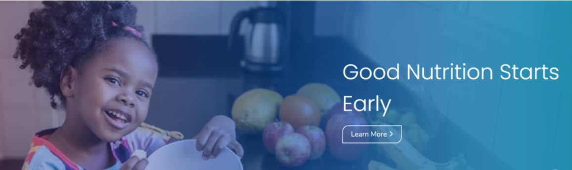 CDC promoting early childhood nutrition with a smiling girl preparing healthy food in the kitchen