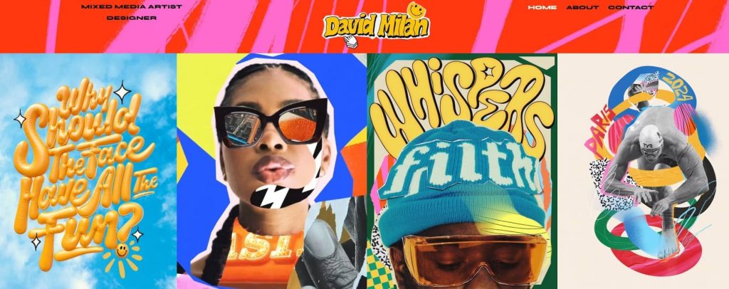 Colorful artist website featuring bold typography and mixed media collages by David Milan.