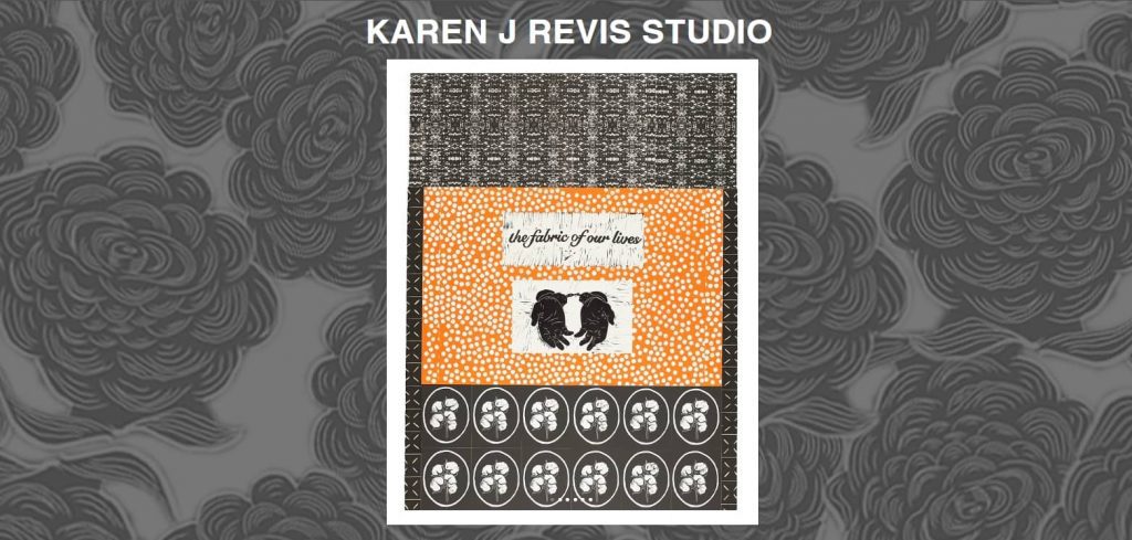 Karen J. Revis Studio website featuring textile art with hand-printed patterns and a bold floral background.