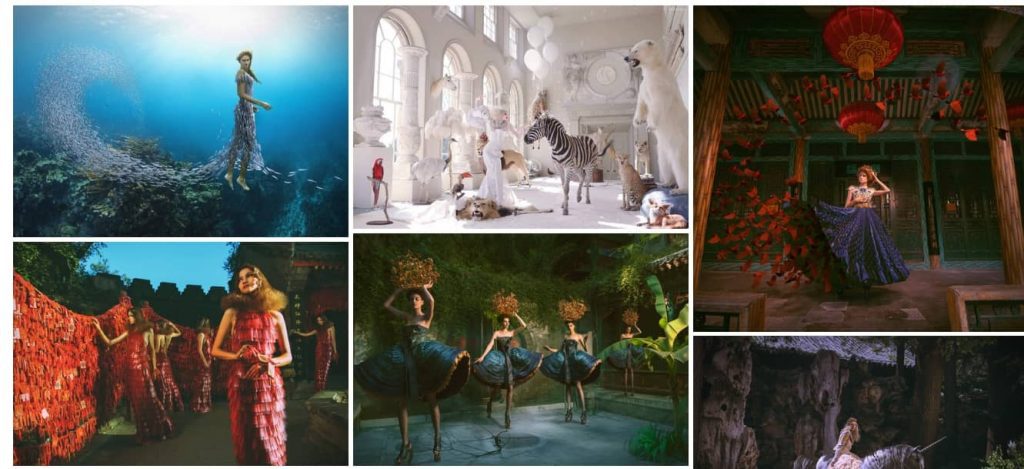 Surreal fashion scenes from a visionary artist website.