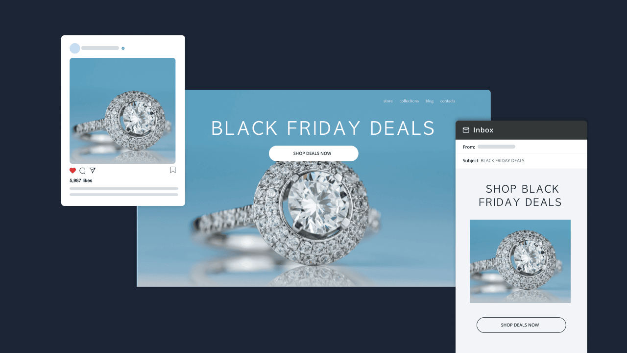 Jewelry ad shown across site, email, and social highlights smart Black Friday strategies to boost small business sales.