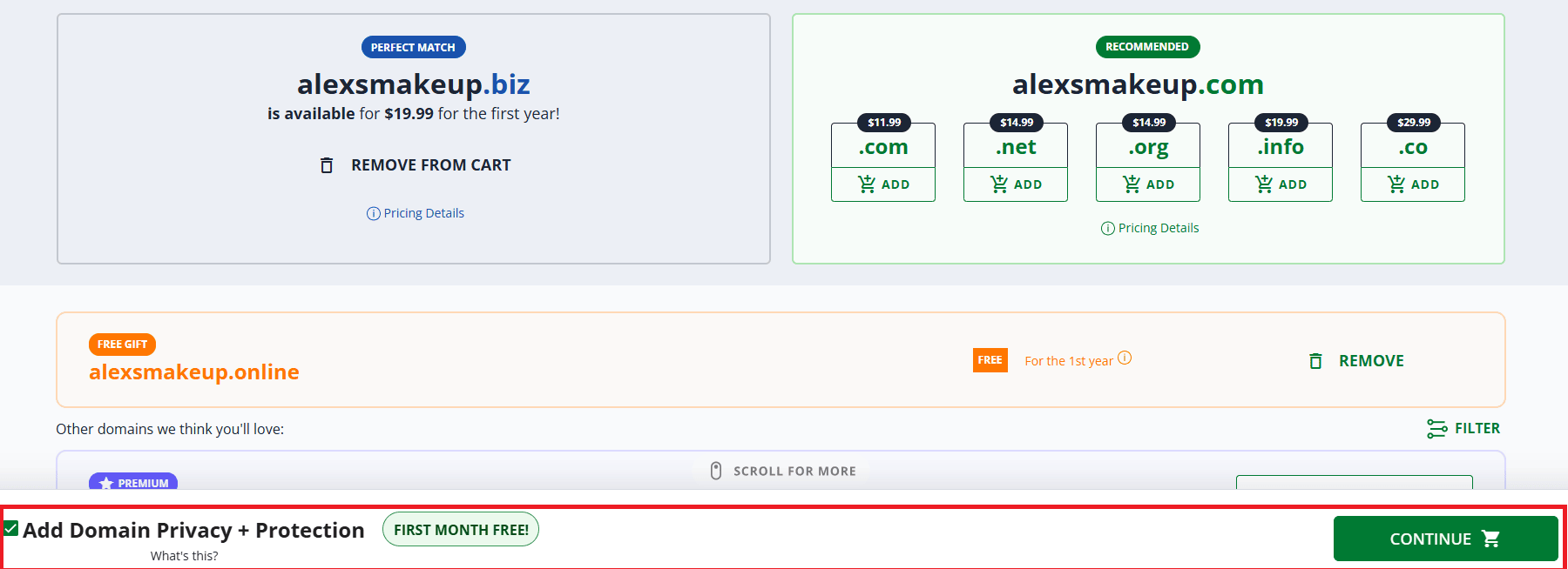 Select your .biz domain and add privacy protection.
