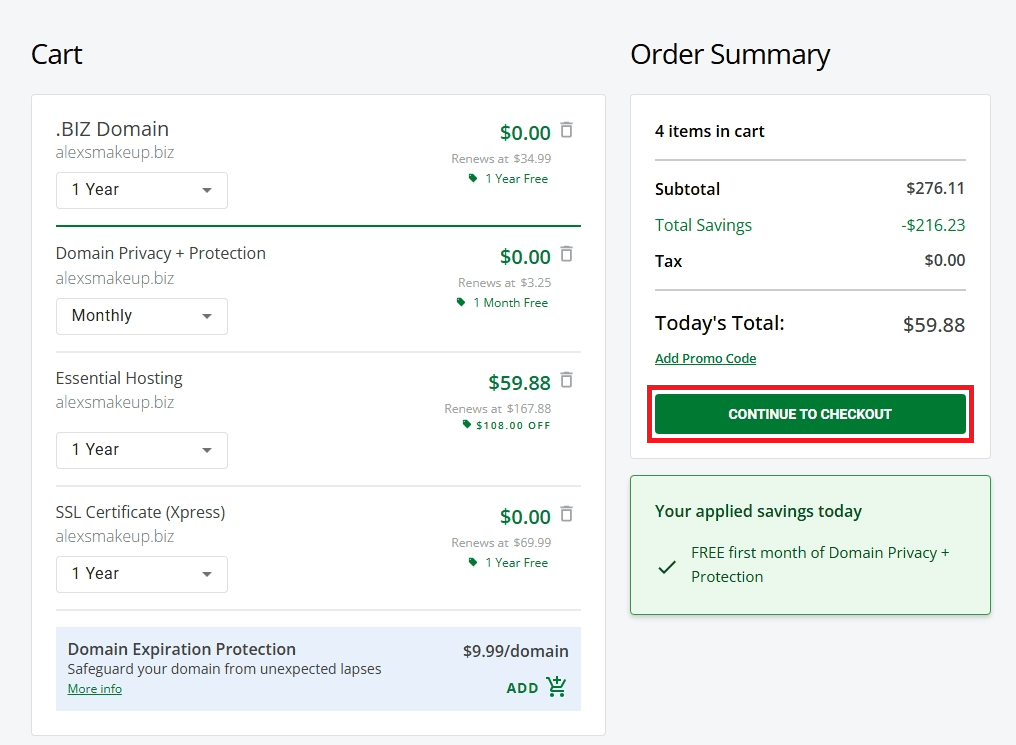 Review your .biz domain order and continue to checkout.