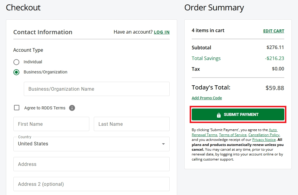 Submit payment to complete your .biz domain registration.
