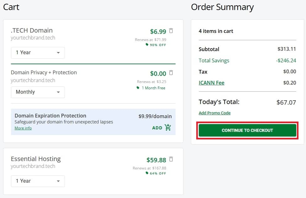 Shopping cart summary with .tech domain, privacy, and hosting selections.