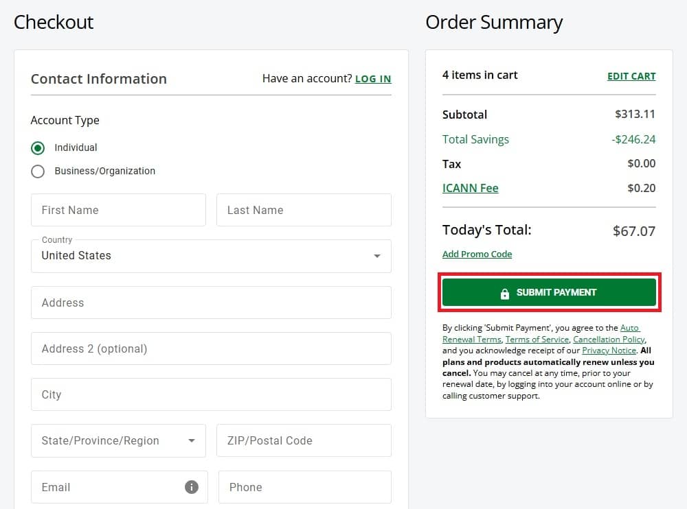 Final checkout screen with payment submission option for domain purchase.