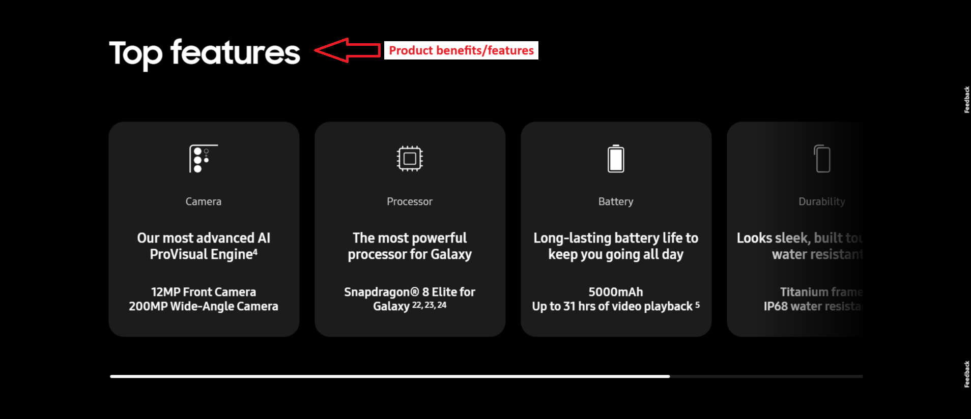 Galaxy S25 Ultra screenshot of top features section with labels