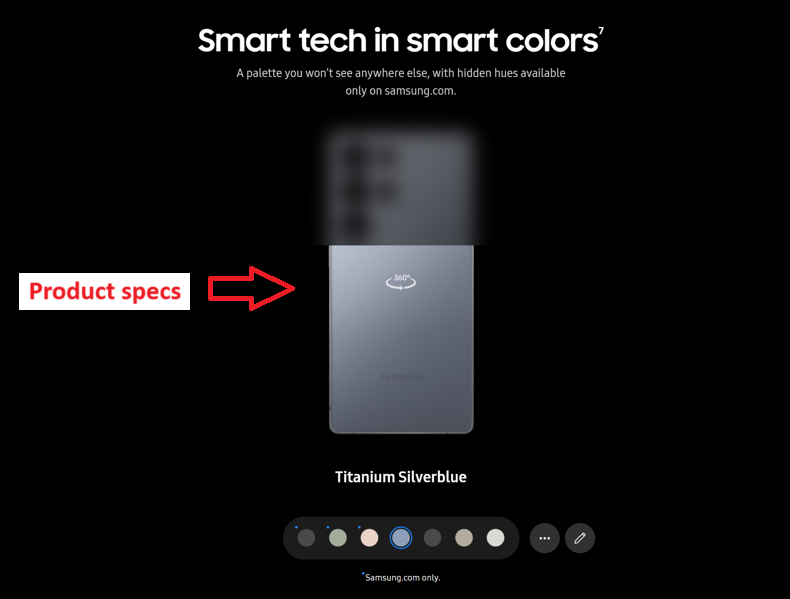 Galaxy S25 Ultra screenshot of product specs section with labels