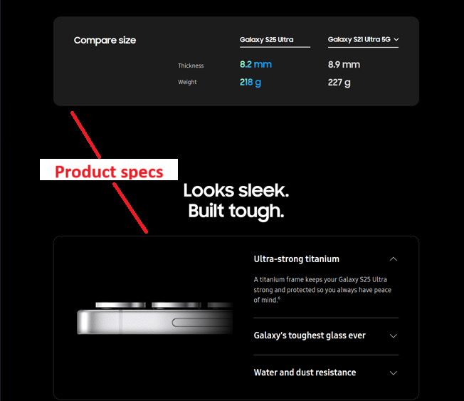 Galaxy S25 Ultra screenshot of another product specs section with labels