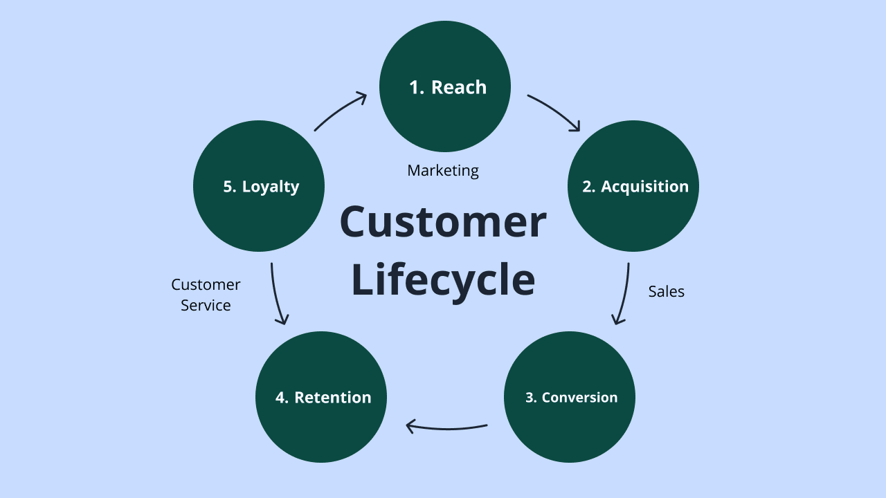 Diagram illustrating the customer lifecycle stages from reach, acquisition, conversion, retention, to loyalty
