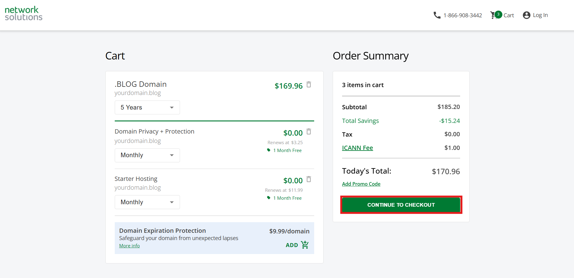 Image of an order summary for .blog domain