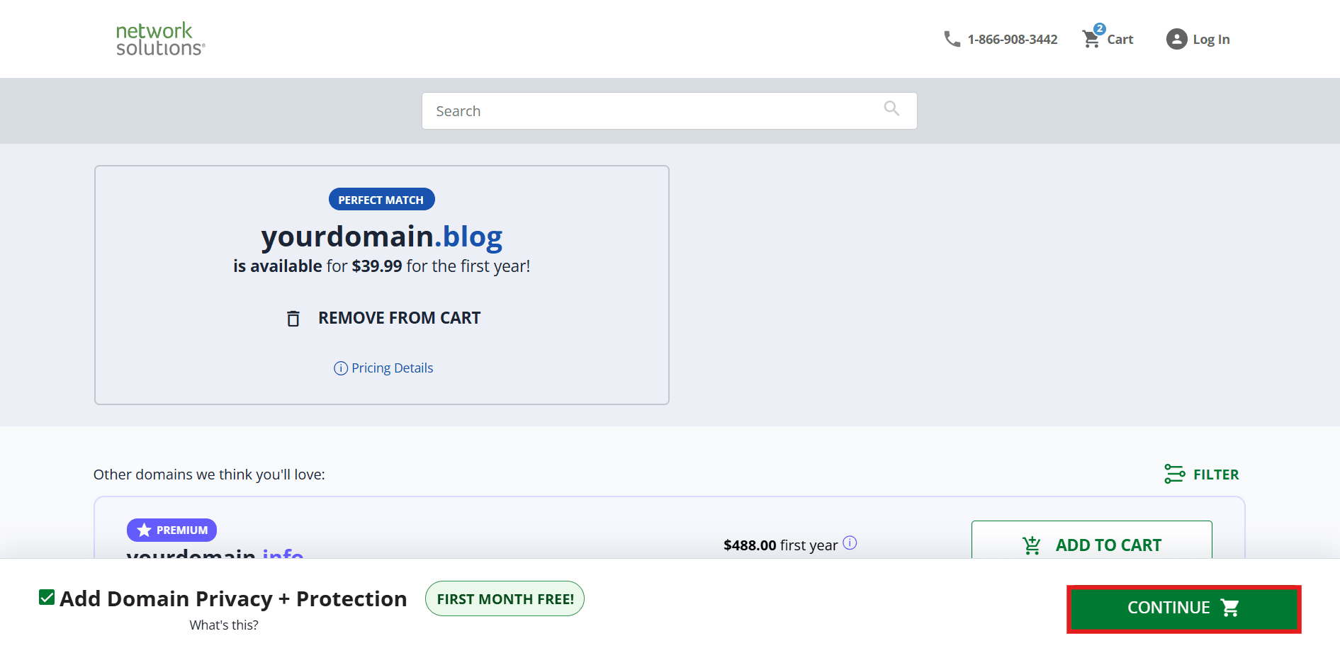 .blog domain name added to cart