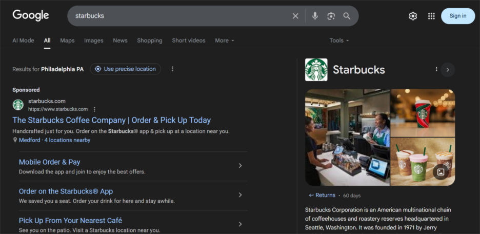 Starbucks Google SERPs result
