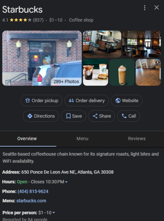 Starbucks Google Business Profile