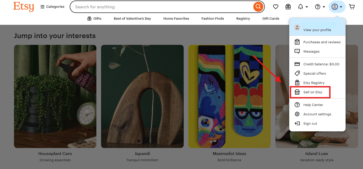 Screenshot showing how to sell on Etsy