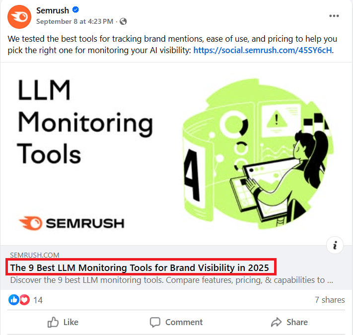 a screenshot of a semrush article on Facebook and its title tag