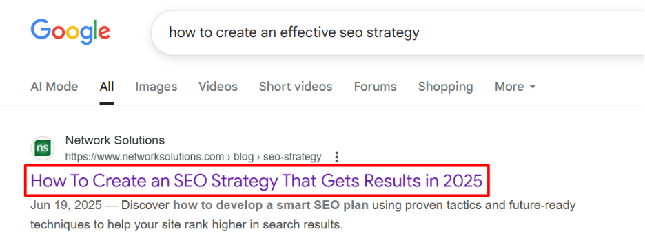 a screenshot of a title tag in SERPs