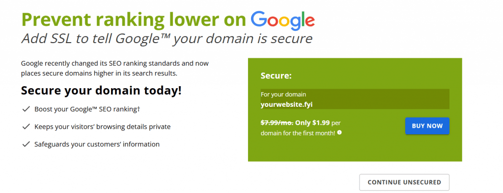 SSL prompt when purchasing a domain
