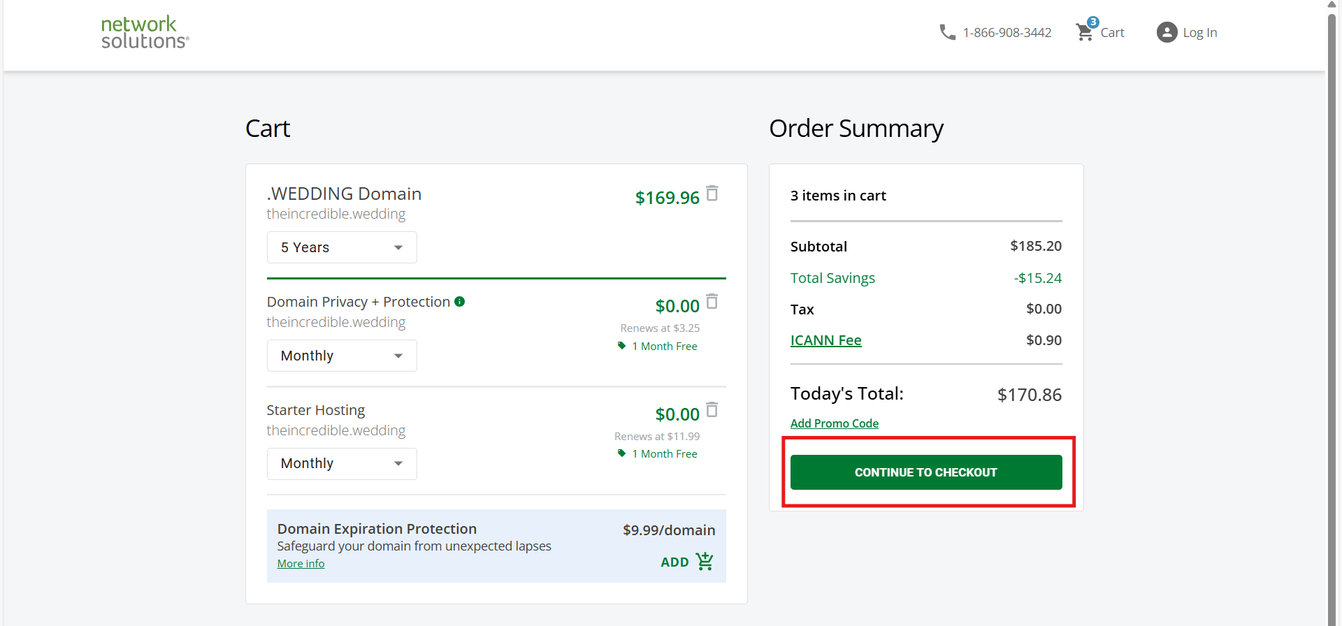 Screenshot on how to checkout a .wedding domain name at Network Solutions