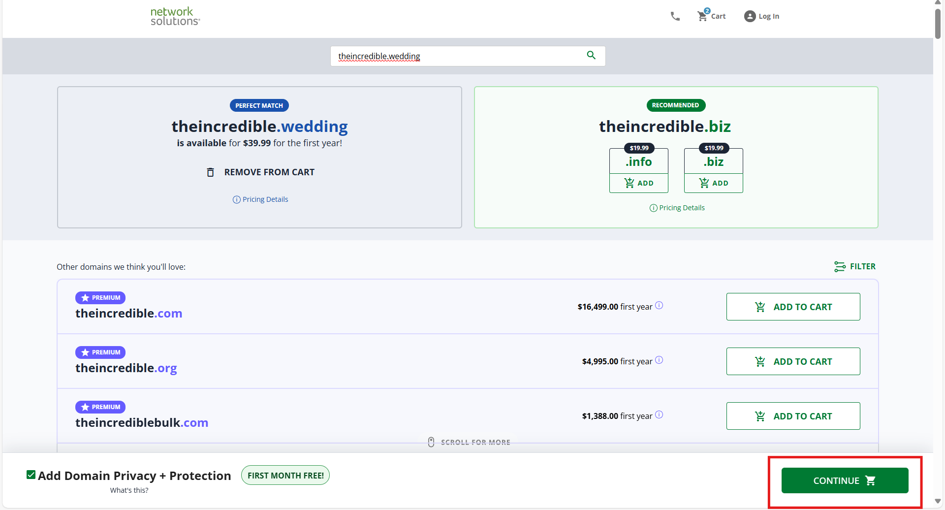Screenshot of .wedding domain name available at Network Solutions