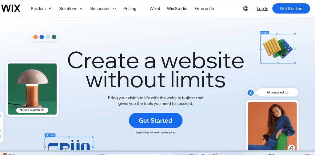 Screenshot of Wix Homepage