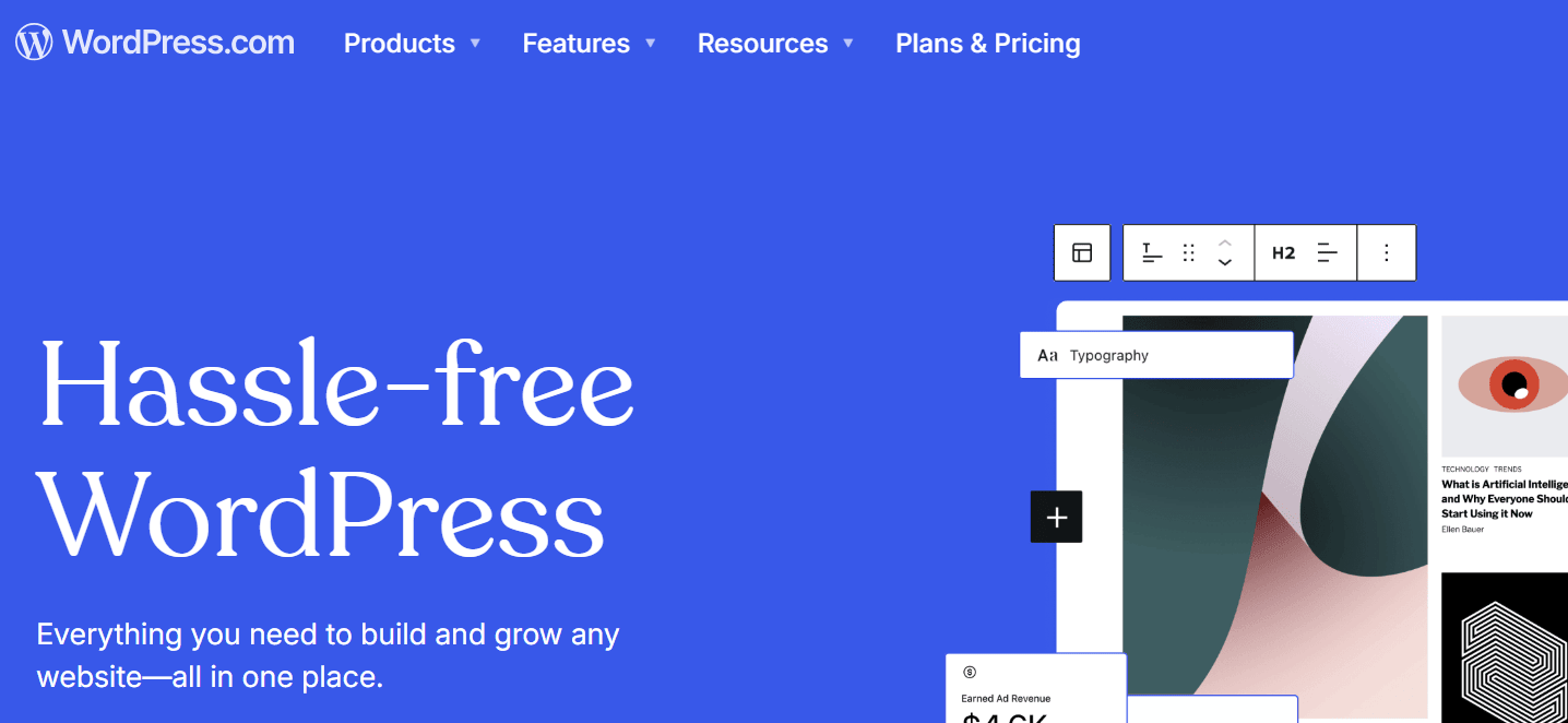A screenshot of WordPress' website builder page.