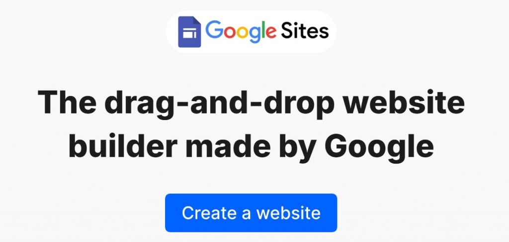 Google Sites interface promoting its drag-and-drop website builder