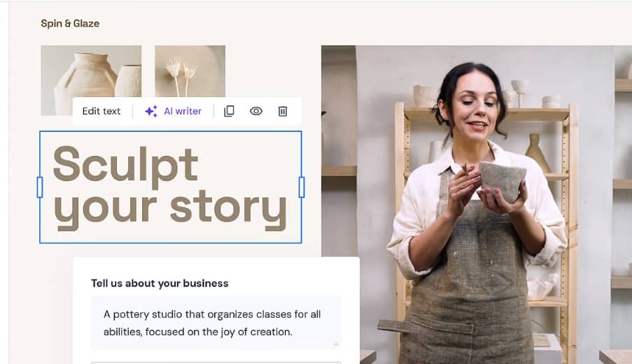 Hostinger site editor showing a pottery studio page in progress