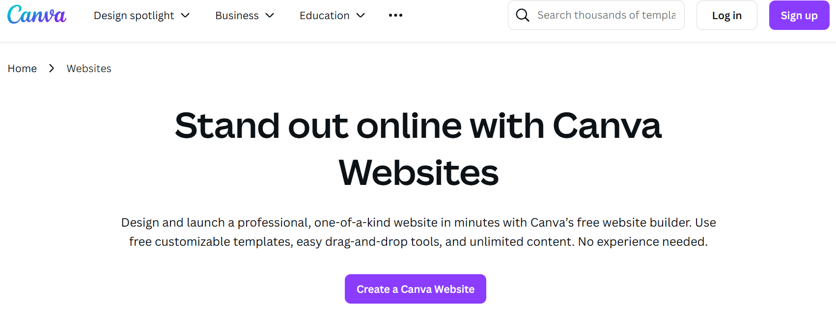 A screenshot of Canva's website builder page.