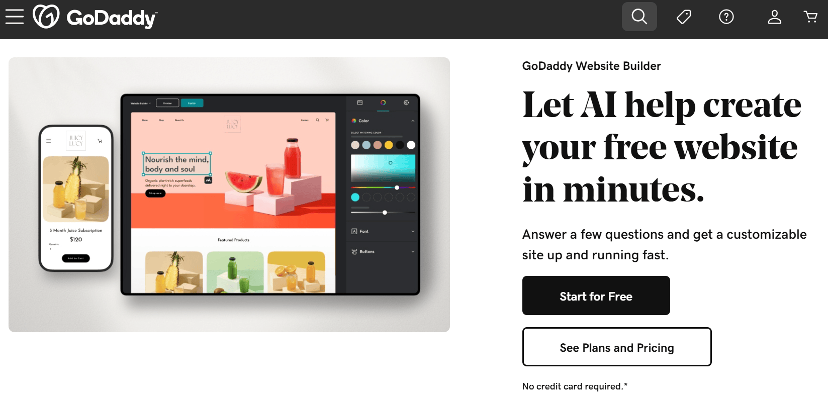 A screenshot of GoDaddy's website builder page.