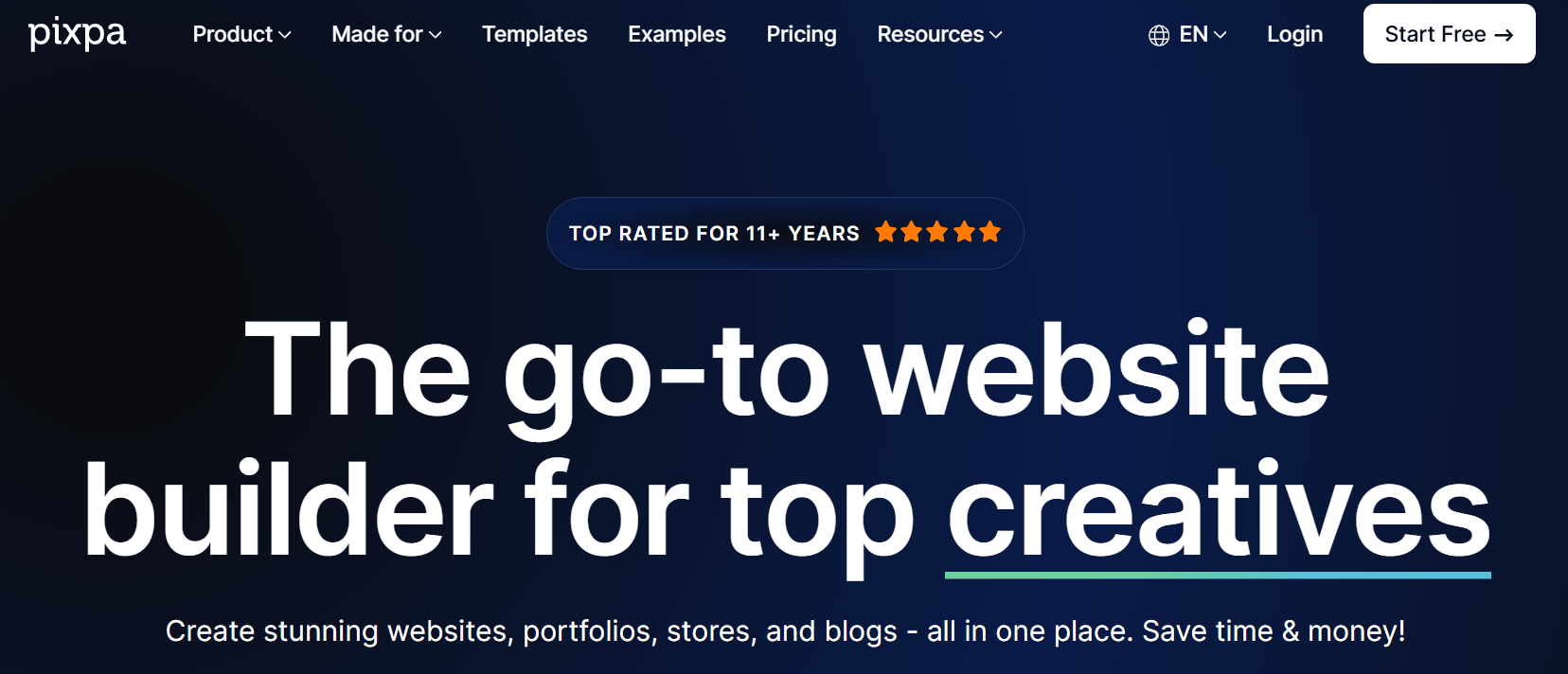 A screenshot of Pixpa's website builder page.