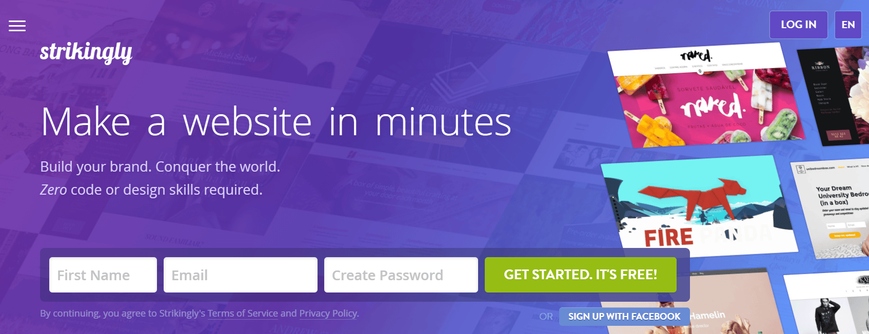 A screenshot of Strikingly's website builder page.