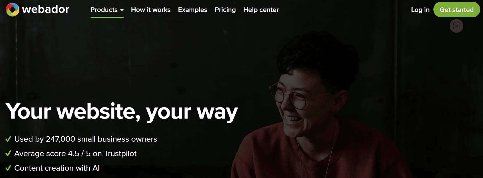 A screenshot of Webador's website builder page.