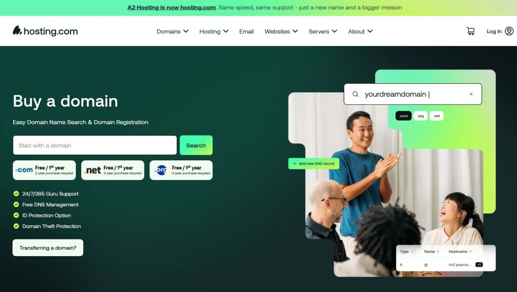 Hosting.com page with a domain name search bar