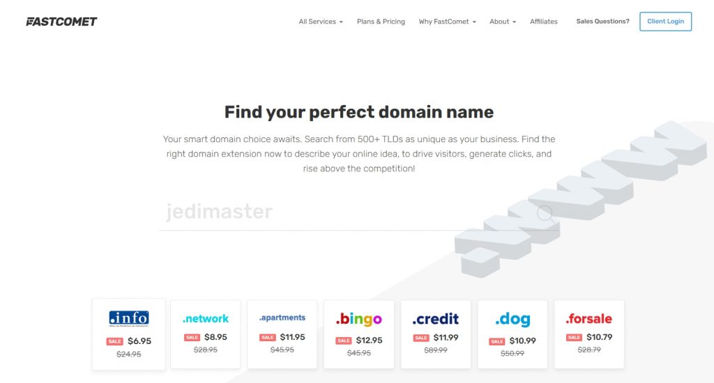 FastComet domain registration page with tagline: Find your perfect domain name.
