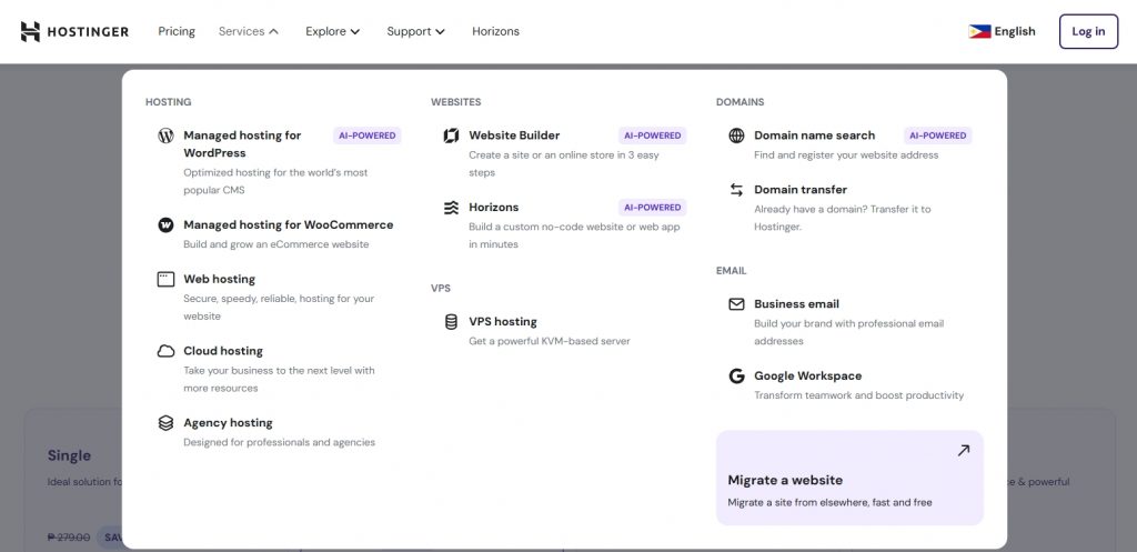 Hostinger services dropdown menu