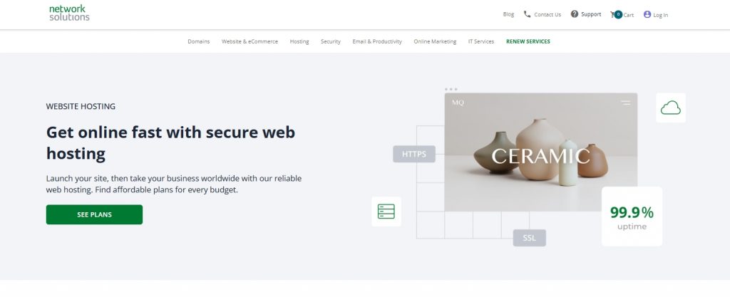 Network Solutions website showing website hosting services