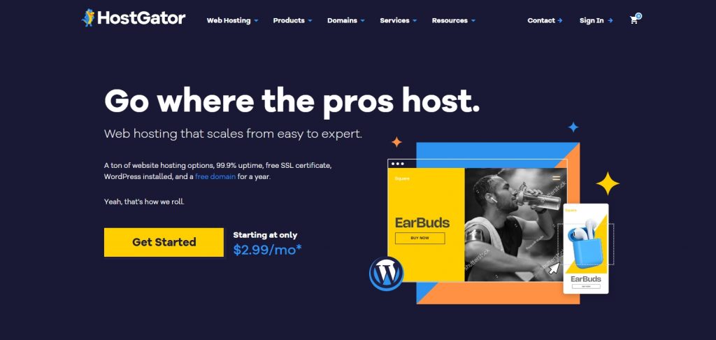 Hostgator webpage with tagline: Go where the pros host.