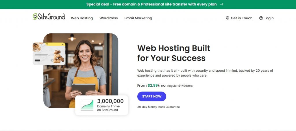 SiteGround website promoting web hosting services