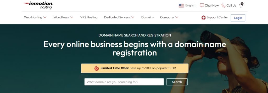InMotion Hosting webpage with a domain name on search bar