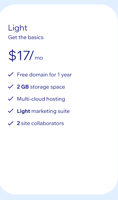 A list highlighting the features of the Wix Light plan. 